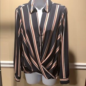 All in Favor Black and White Wrap Blouse with Notched Collar